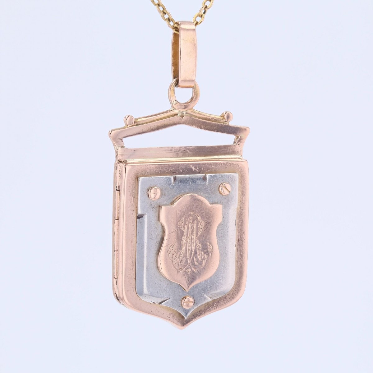 Pendentif médaillon ancien écusson or rose or blanc-photo-2