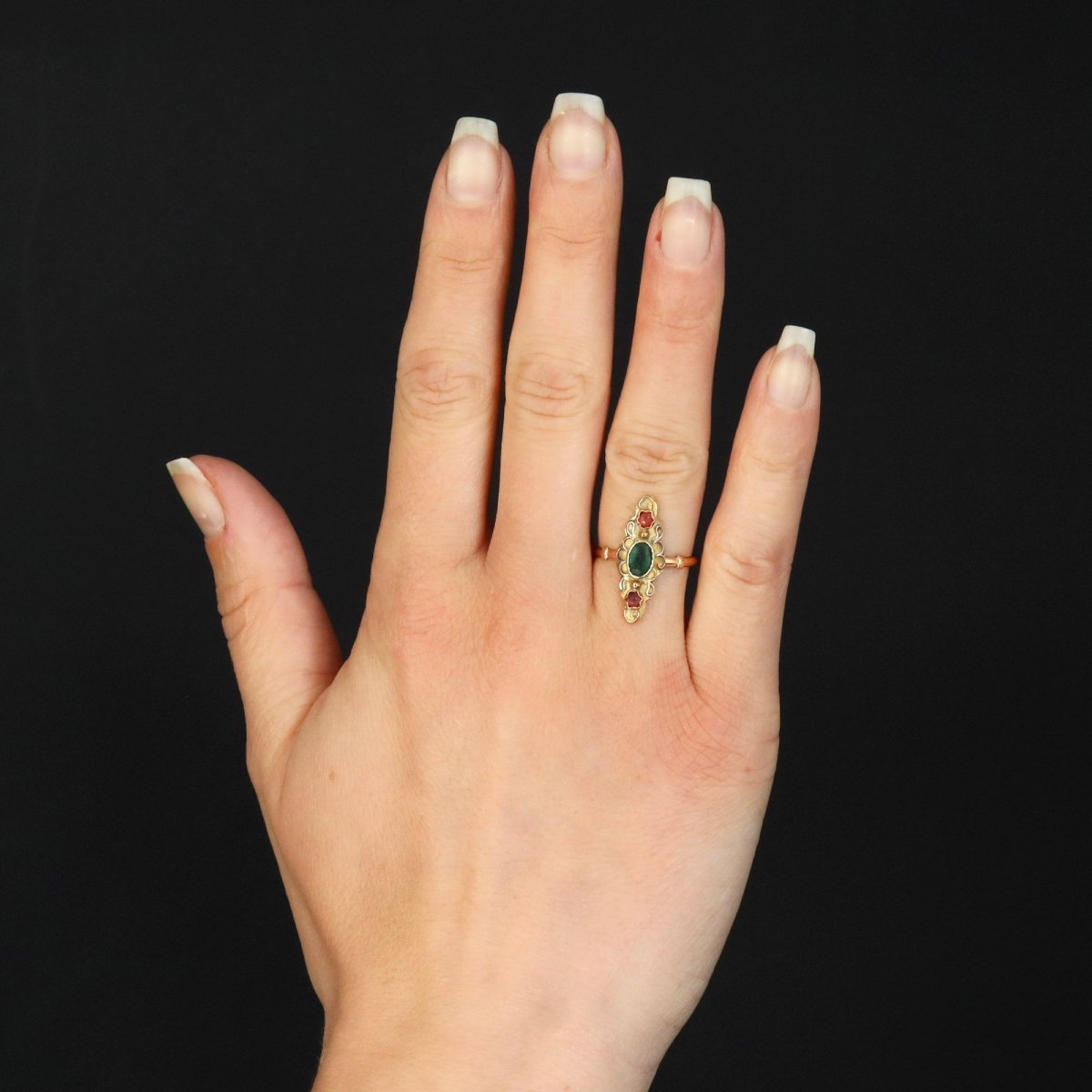 Antique Gold And Colored Glass Marquise Ring-photo-2
