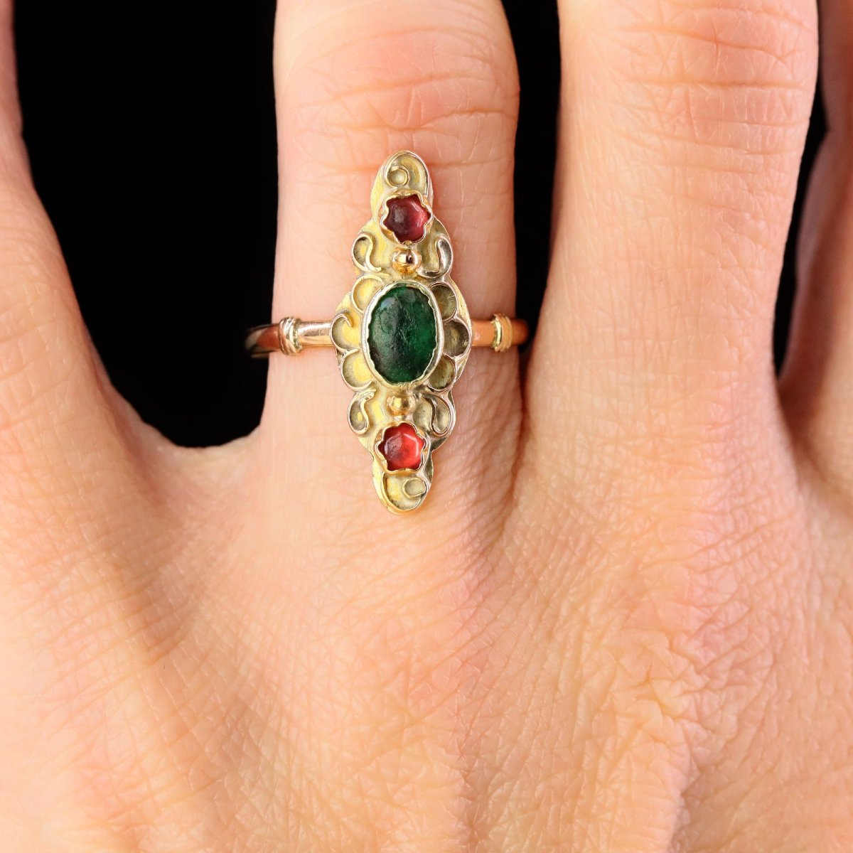 Antique Gold And Colored Glass Marquise Ring-photo-3