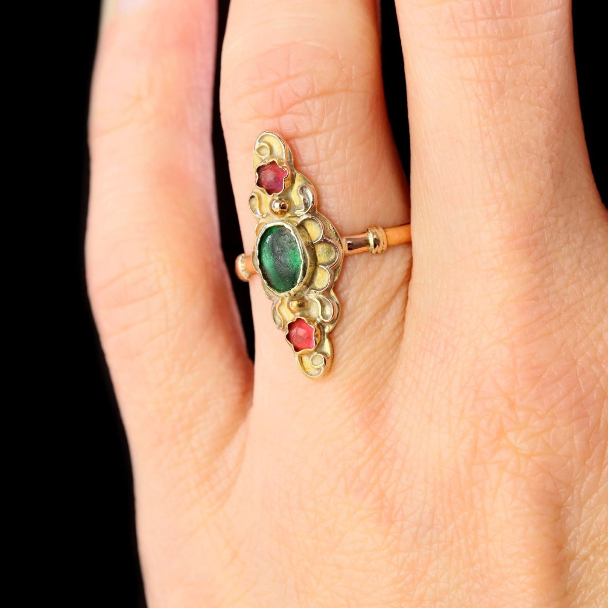 Antique Gold And Colored Glass Marquise Ring-photo-6