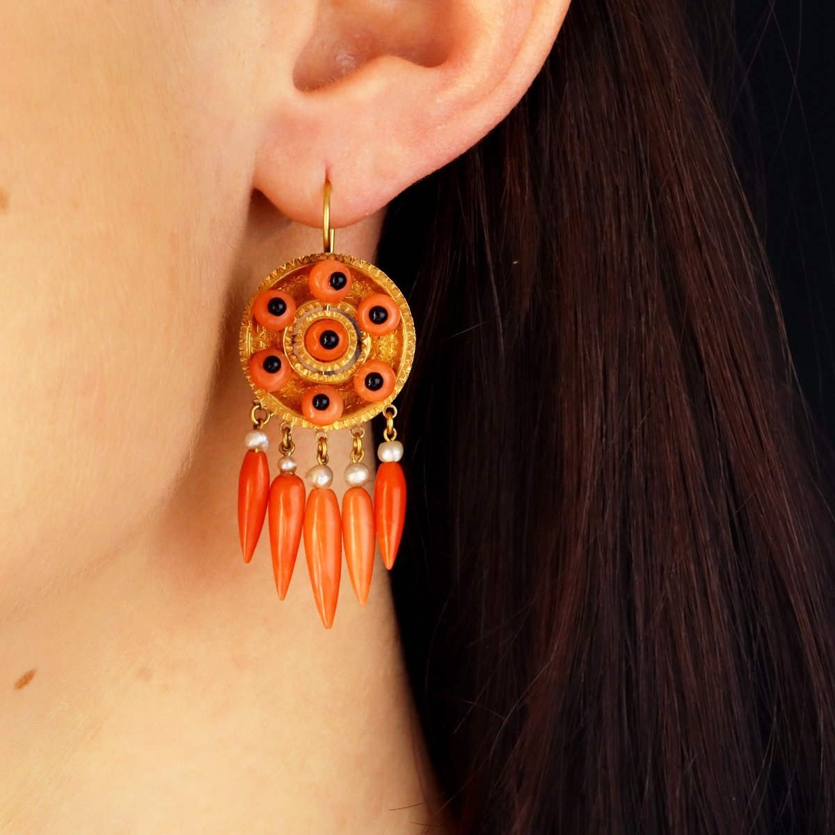 Pendants d'oreilles anciens corail onyx perles fines-photo-2
