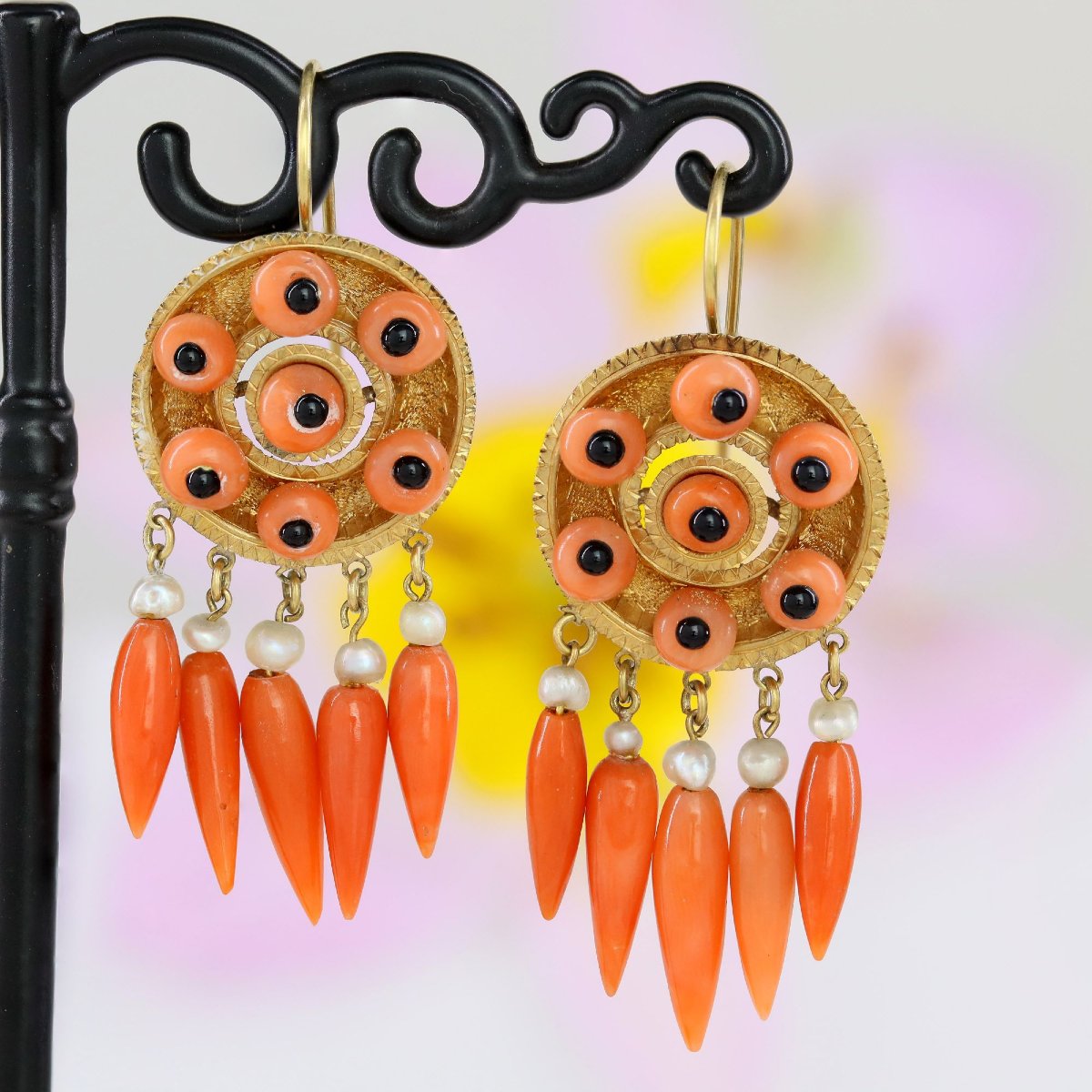 Pendants d'oreilles anciens corail onyx perles fines-photo-3