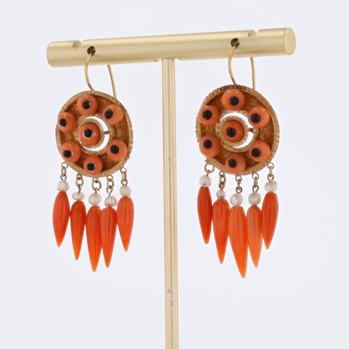 Pendants d'oreilles anciens corail onyx perles fines-photo-4