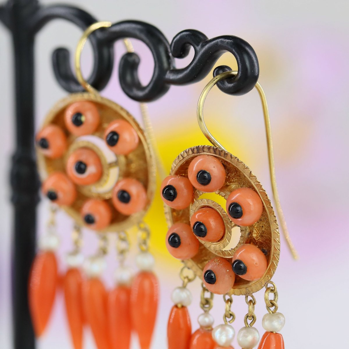 Pendants d'oreilles anciens corail onyx perles fines-photo-2