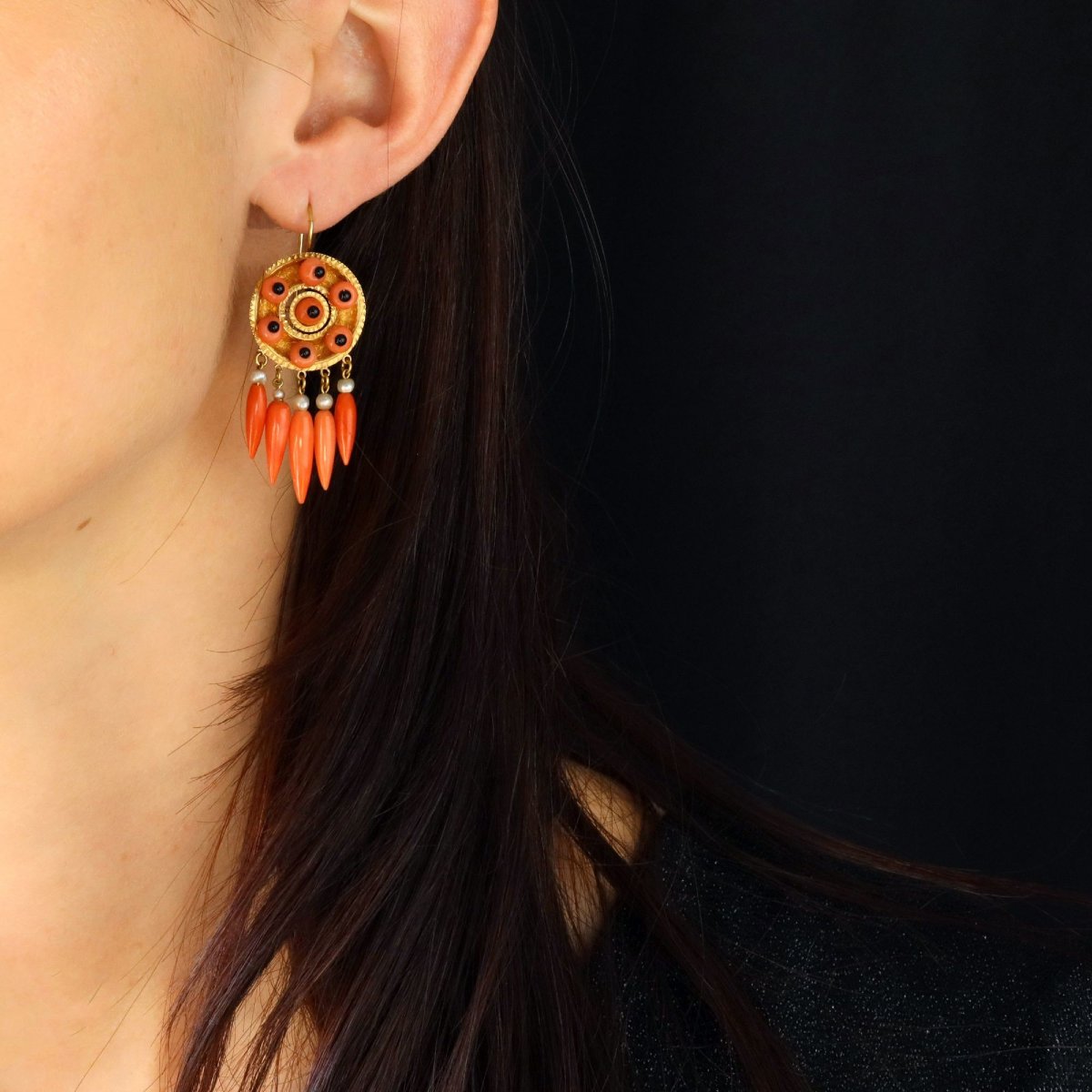 Pendants d'oreilles anciens corail onyx perles fines-photo-3