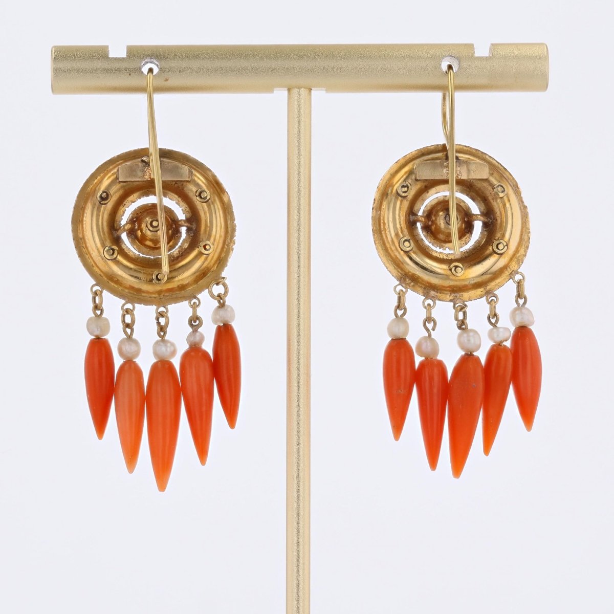 Pendants d'oreilles anciens corail onyx perles fines-photo-4