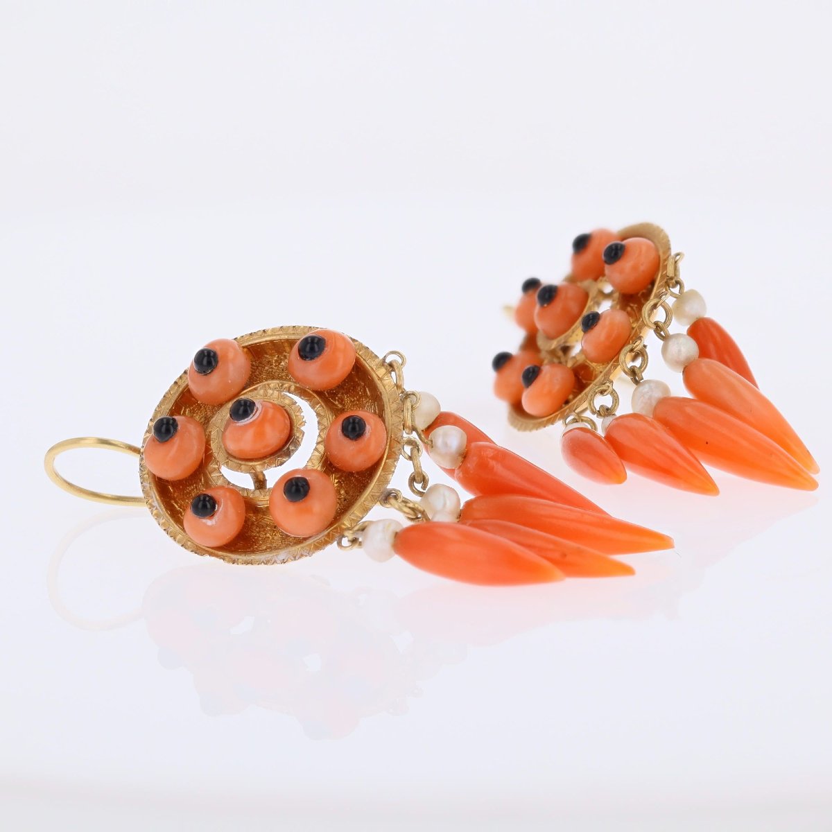 Pendants d'oreilles anciens corail onyx perles fines-photo-5