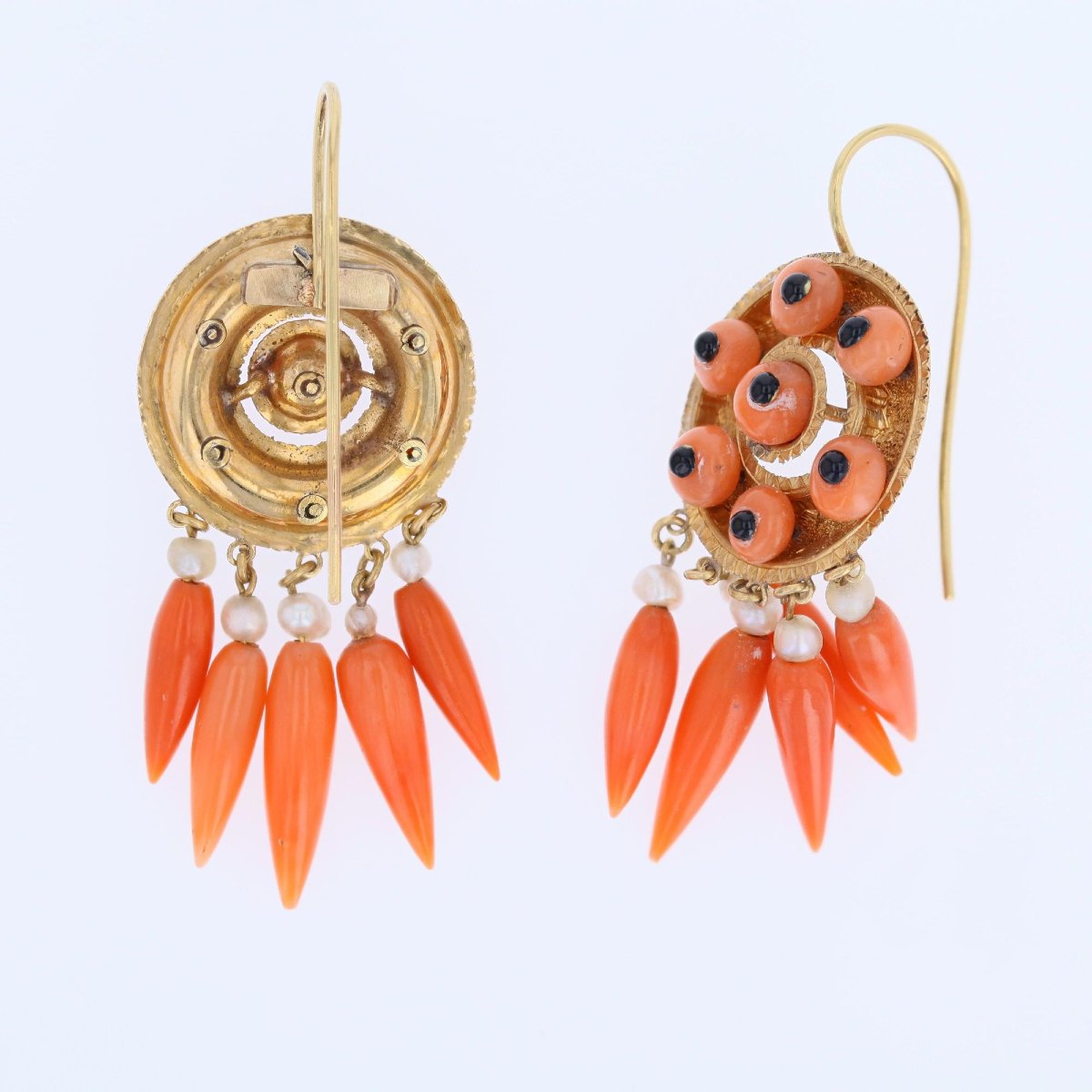 Pendants d'oreilles anciens corail onyx perles fines-photo-6