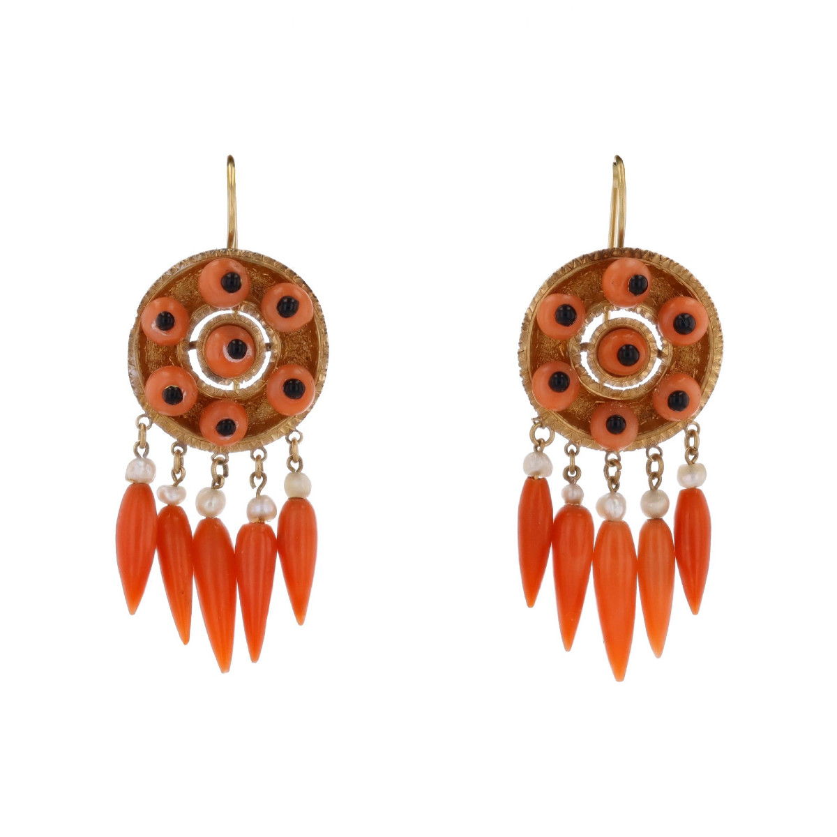 Pendants d'oreilles anciens corail onyx perles fines