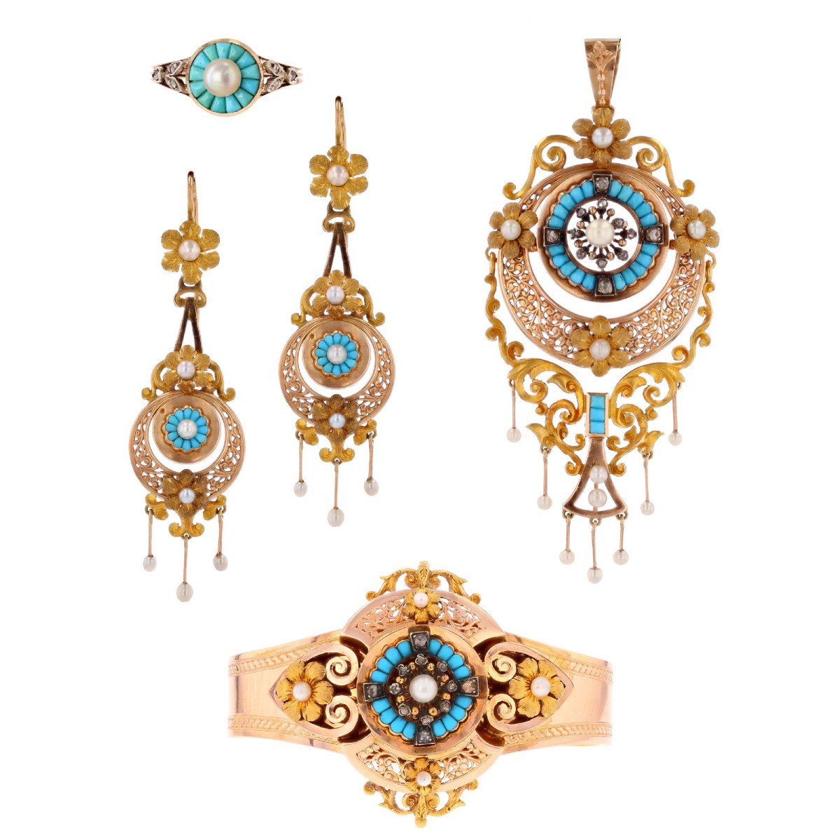 Antique Turquoise, Pearls And Diamonds Set