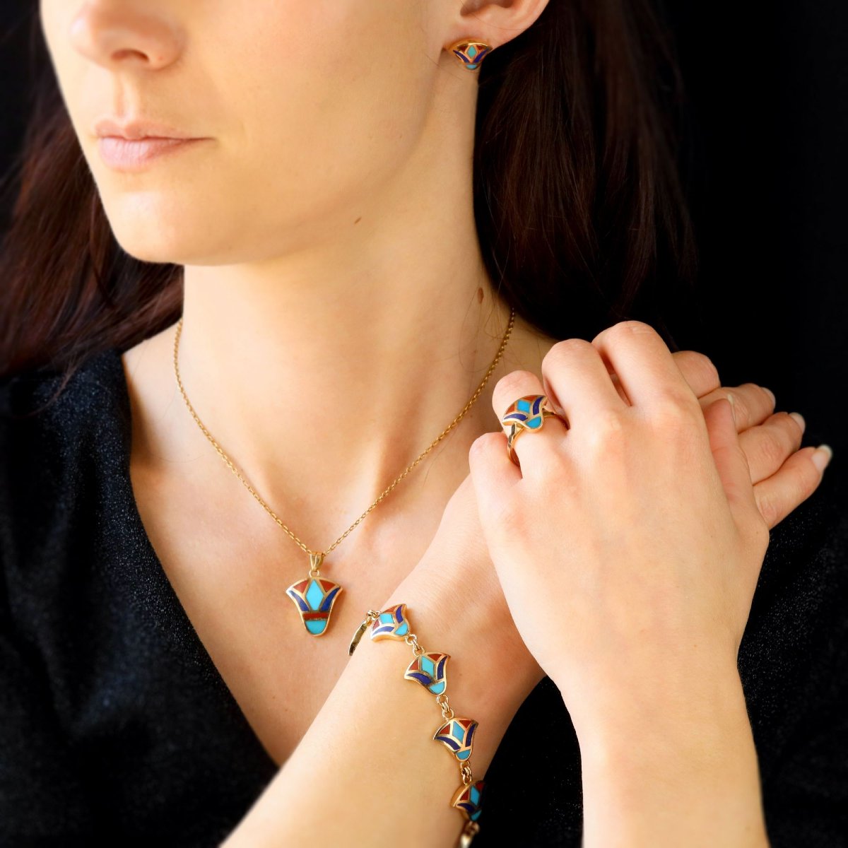 Egyptian Gold Enamel Earrings-photo-5