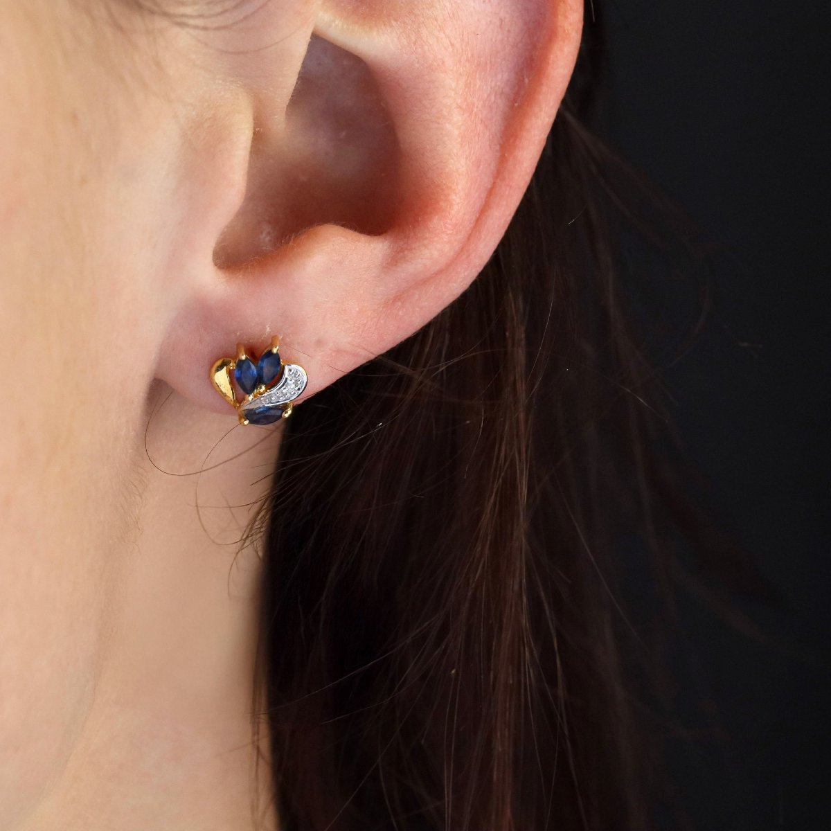 Earrings Yellow Gold Diamonds Sapphires Navette-photo-2