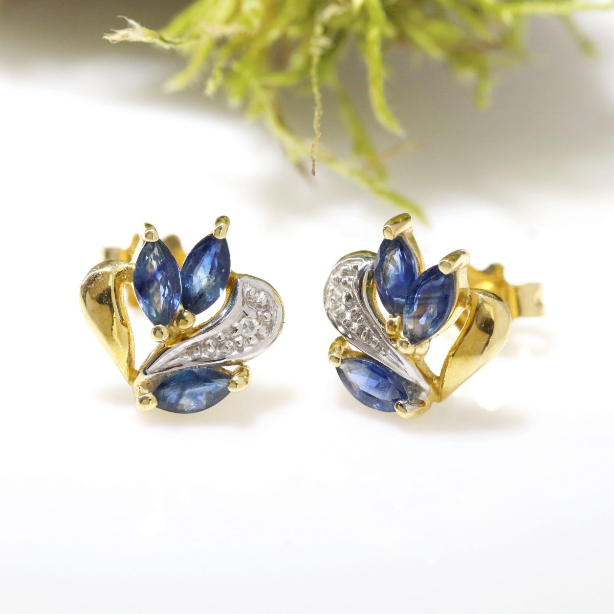 Earrings Yellow Gold Diamonds Sapphires Navette-photo-3