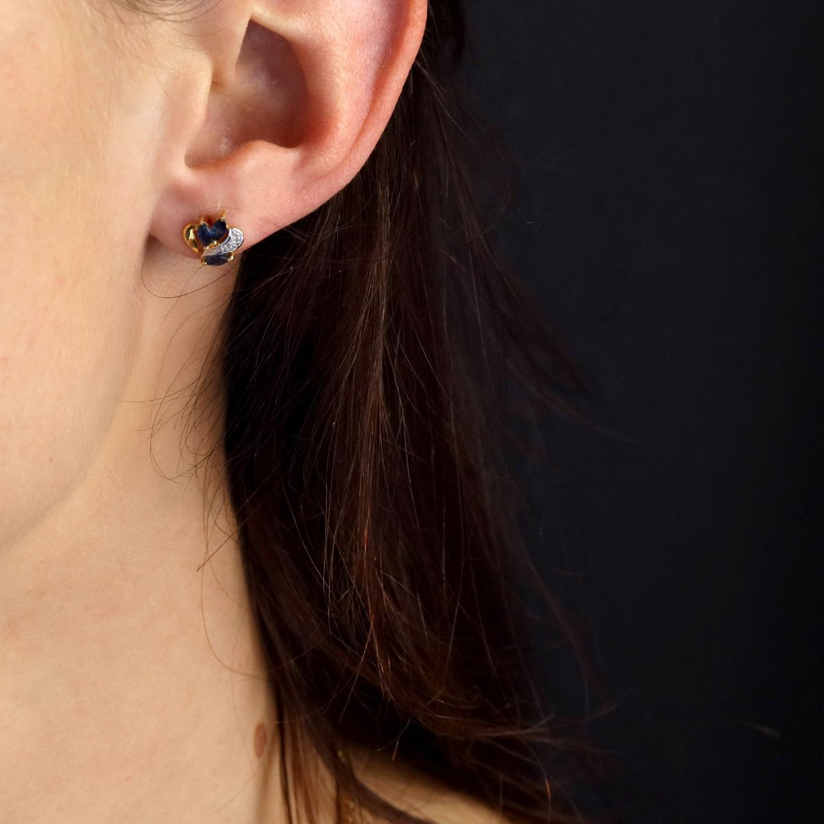 Earrings Yellow Gold Diamonds Sapphires Navette-photo-2