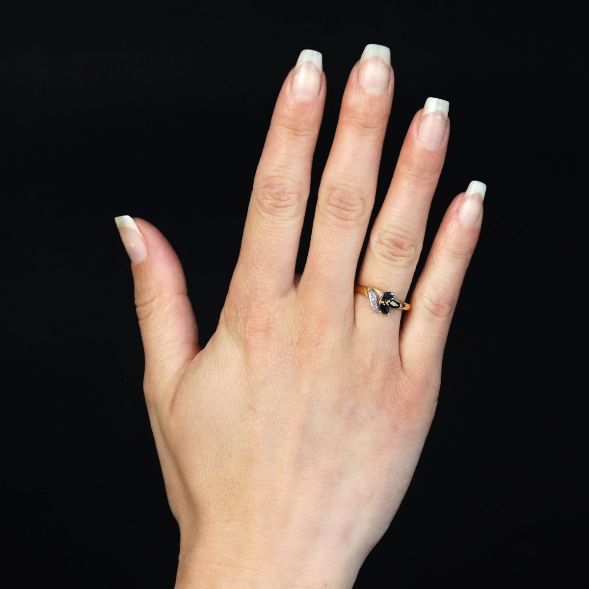 Bague or jaune saphirs navette diamants-photo-2