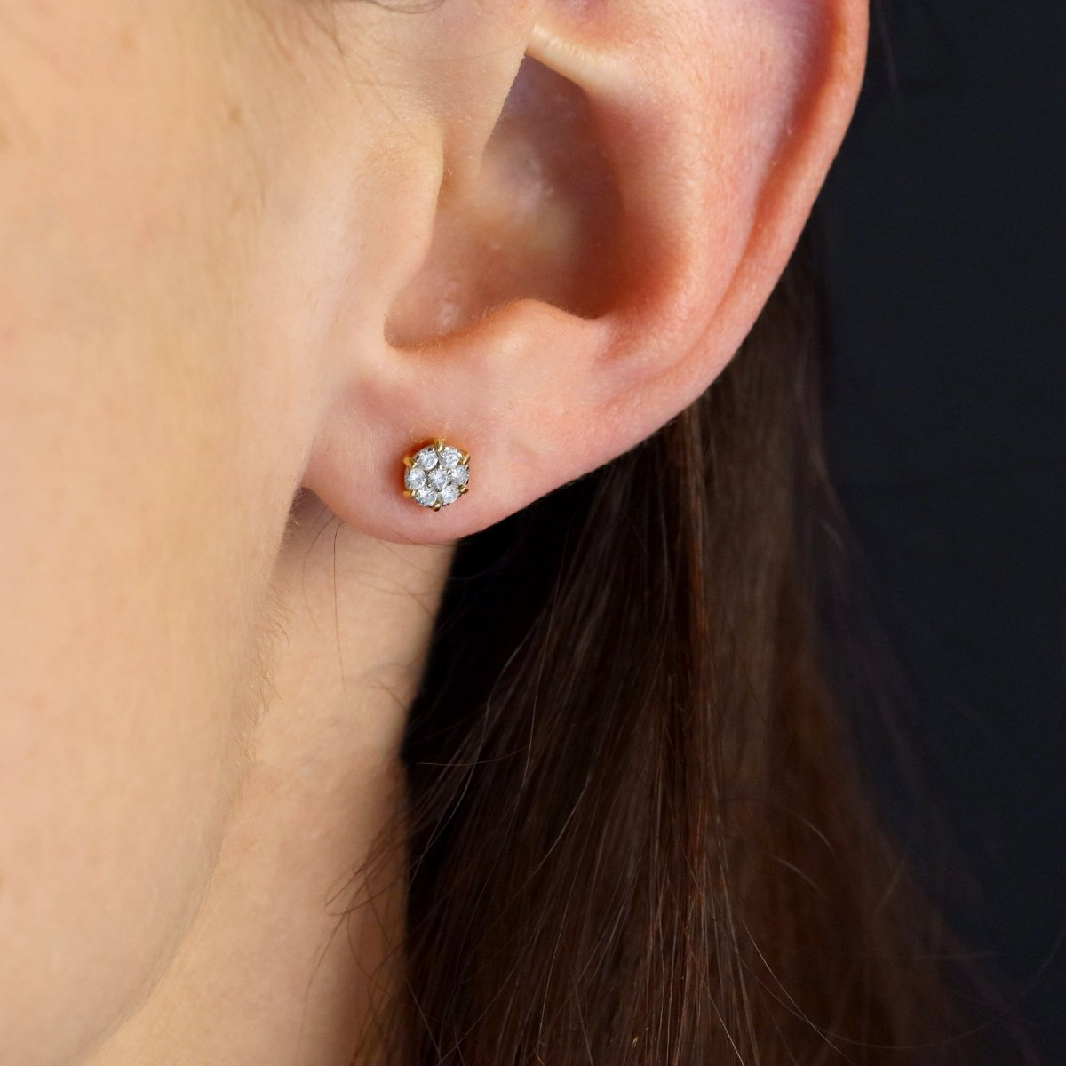 Earrings Yellow Gold Flower Diamonds-photo-2