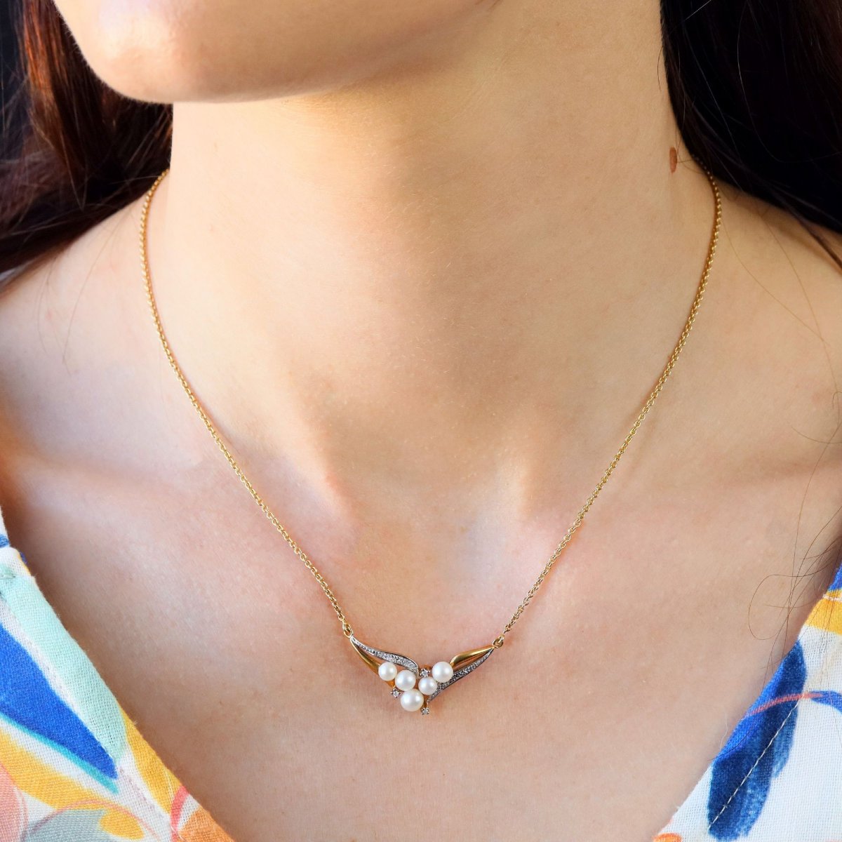Two Gold Diamonds And Cultured Pearls Necklace-photo-2