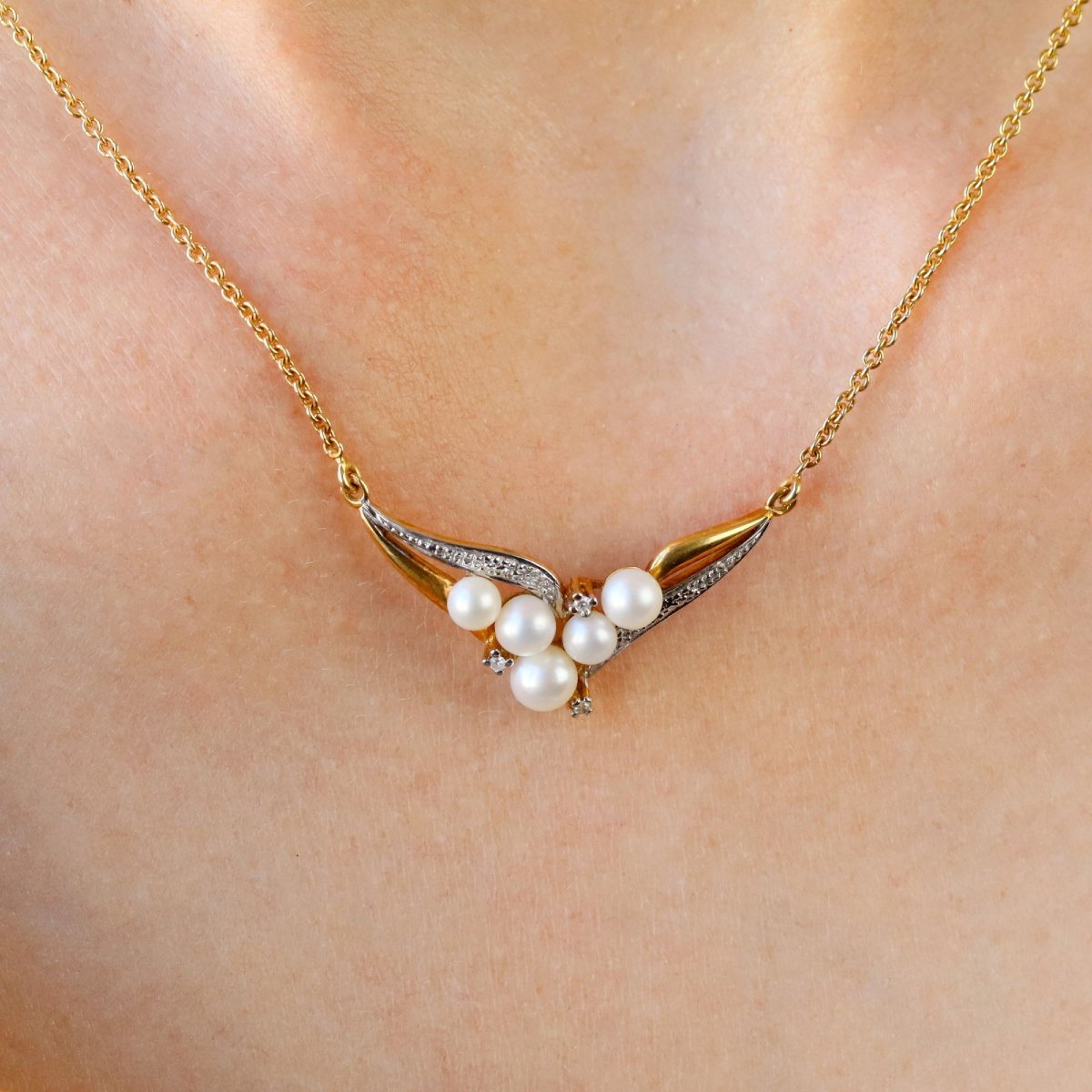 Two Gold Diamonds And Cultured Pearls Necklace-photo-2