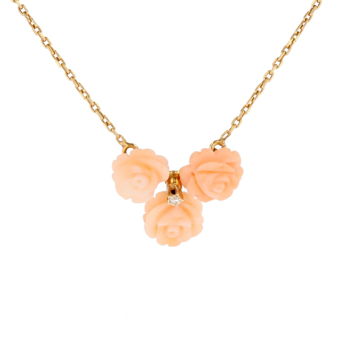 Trio Of Angel Skin Coral Roses And Yellow Gold Diamond Necklace