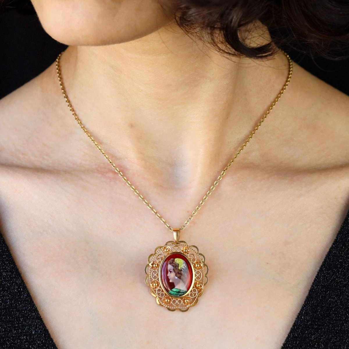 Vintage Limoges Enamel Yellow Gold Pendant Brooch-photo-2