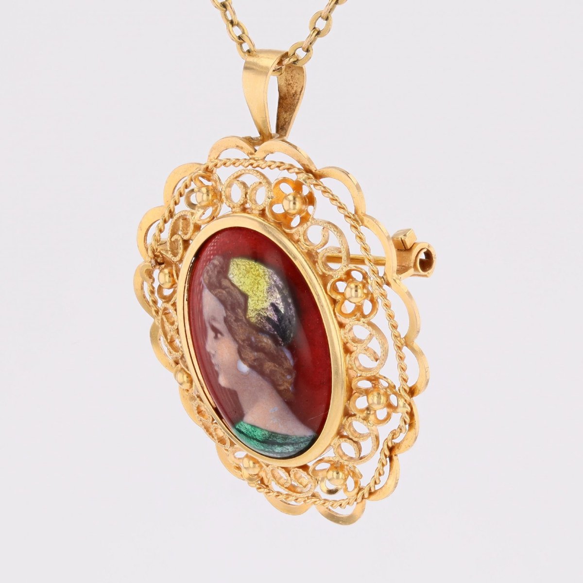 Vintage Limoges Enamel Yellow Gold Pendant Brooch-photo-3