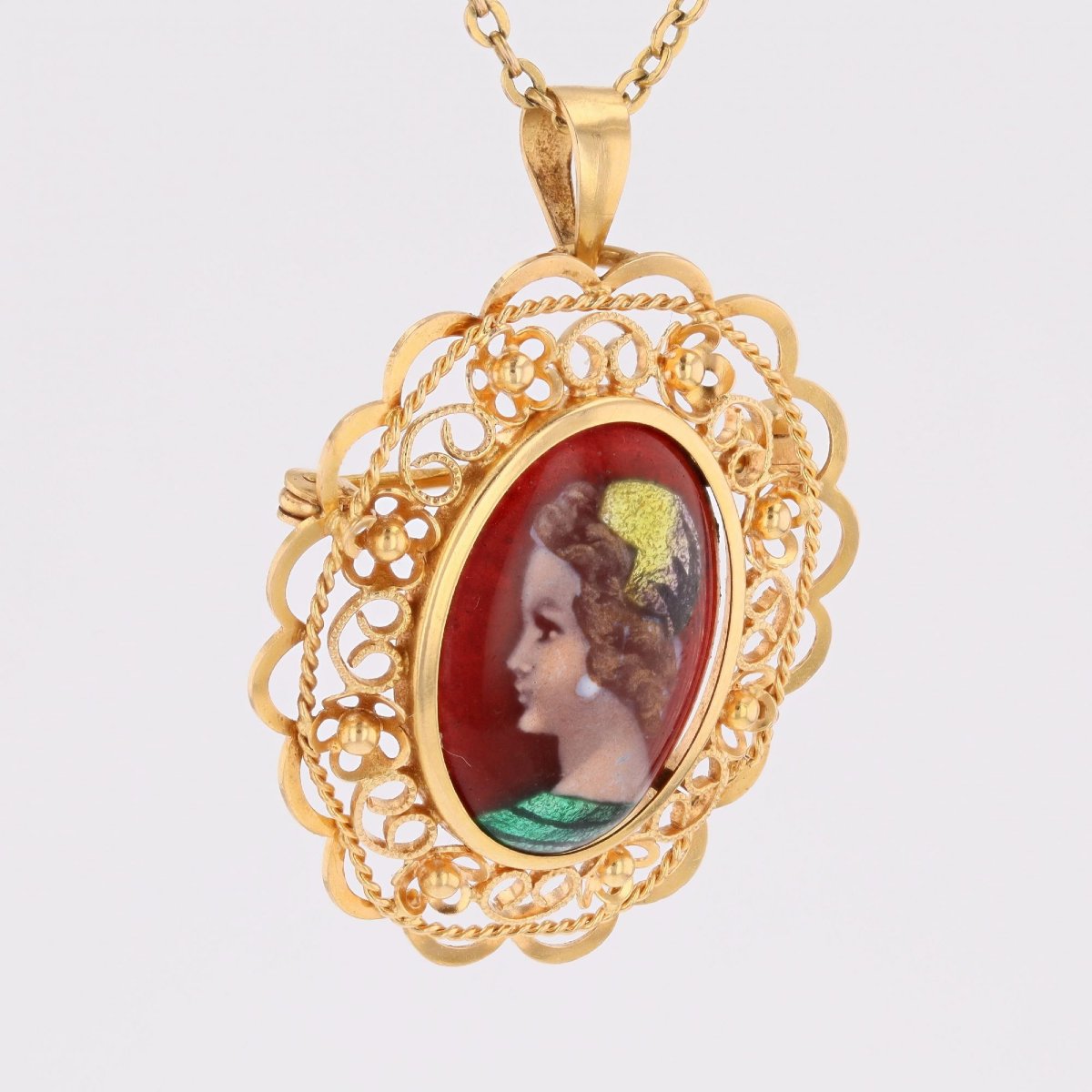 Vintage Limoges Enamel Yellow Gold Pendant Brooch-photo-4
