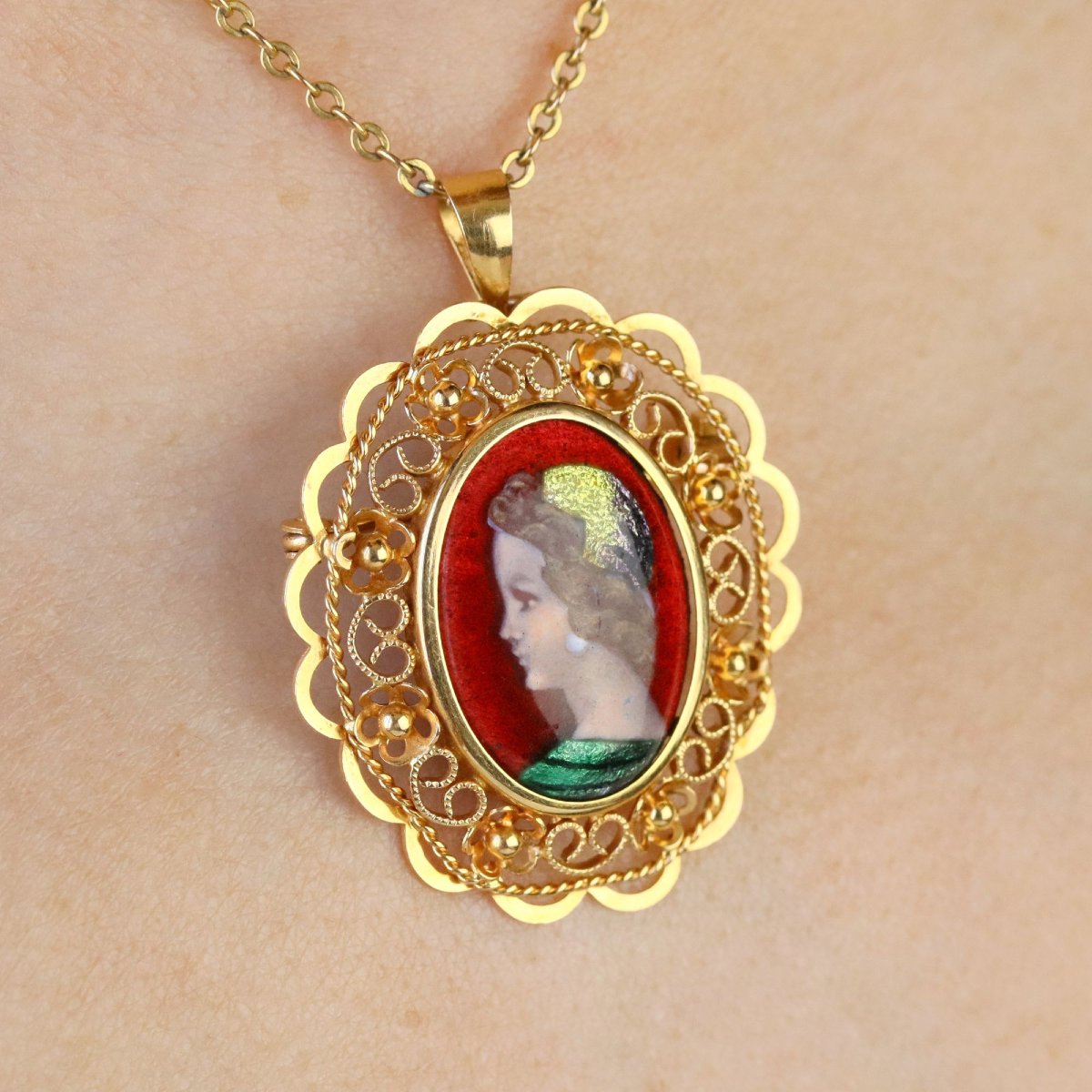 Vintage Limoges Enamel Yellow Gold Pendant Brooch-photo-2