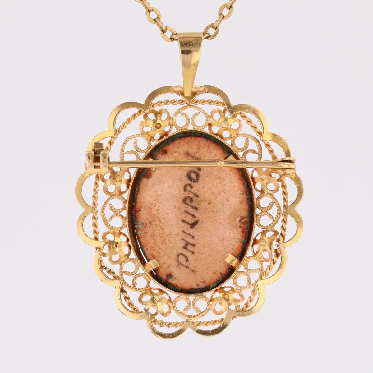 Vintage Limoges Enamel Yellow Gold Pendant Brooch-photo-3