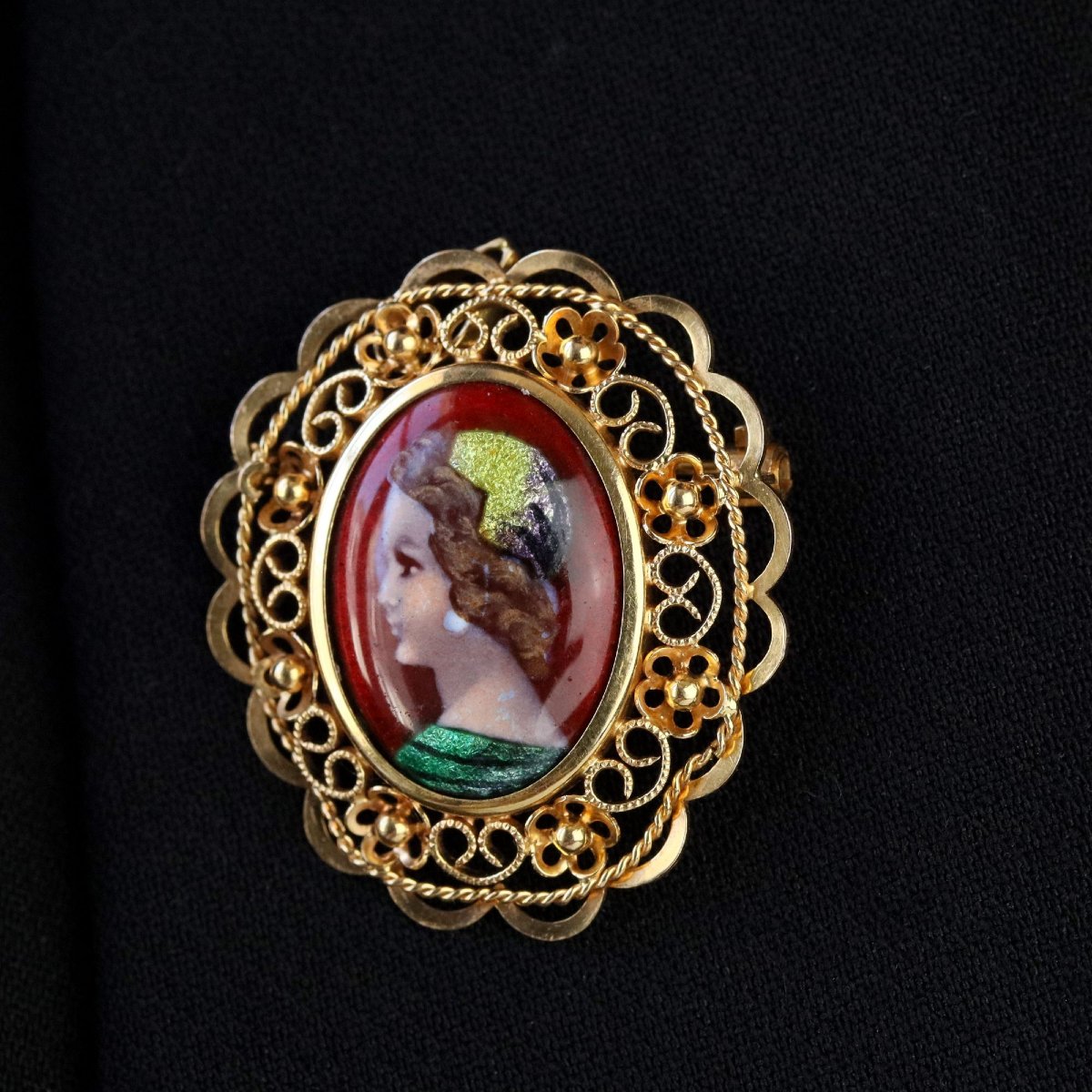 Vintage Limoges Enamel Yellow Gold Pendant Brooch-photo-4