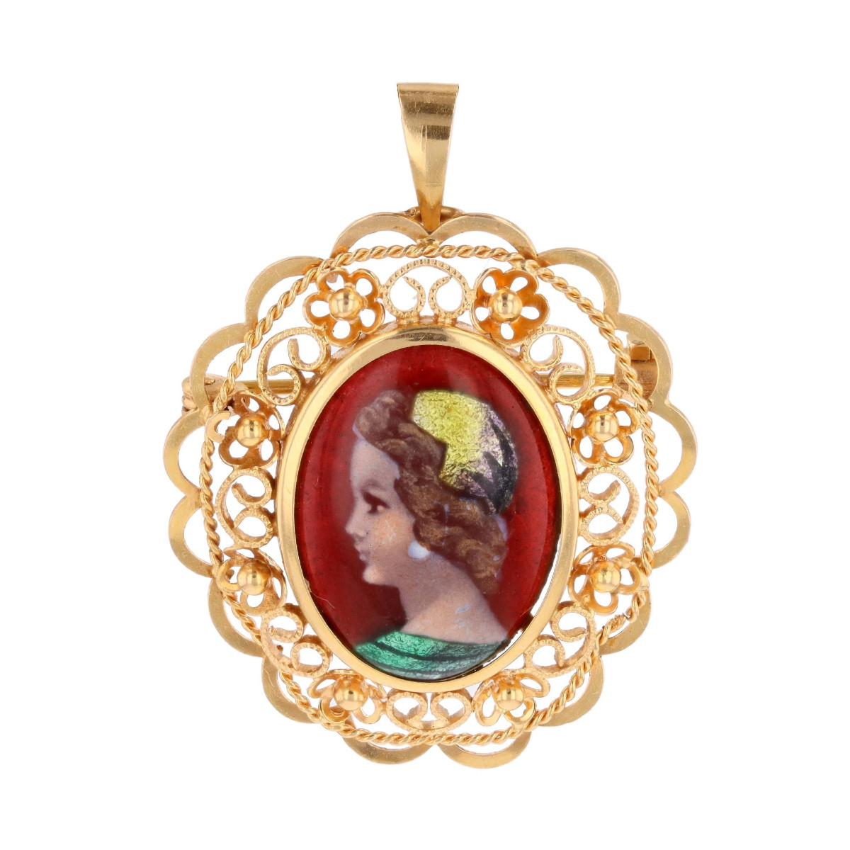Vintage Limoges Enamel Yellow Gold Pendant Brooch