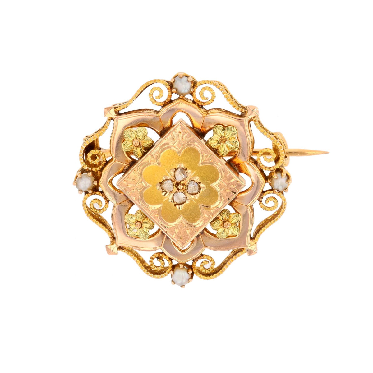 Antique Gold Neck Brooch With Diamonds And Pearls