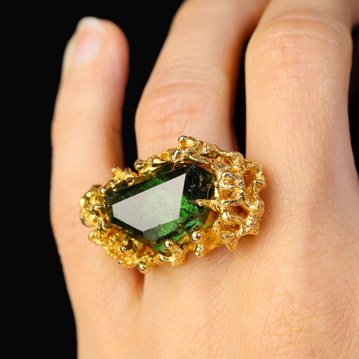 Rough Tourmaline And Textured Gold Ring-photo-2