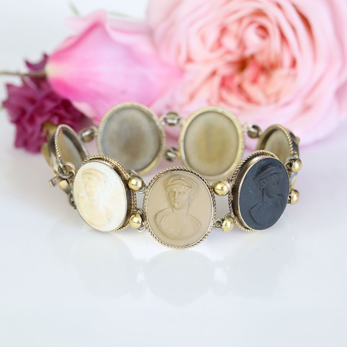 Antique Vermeil Bracelet With Lava Stone Cameos-photo-1