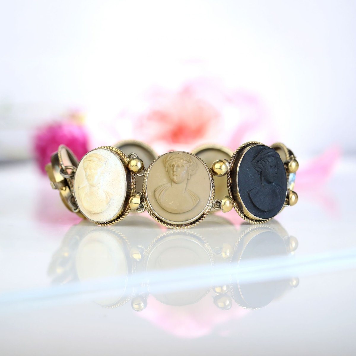Antique Vermeil Bracelet With Lava Stone Cameos-photo-6