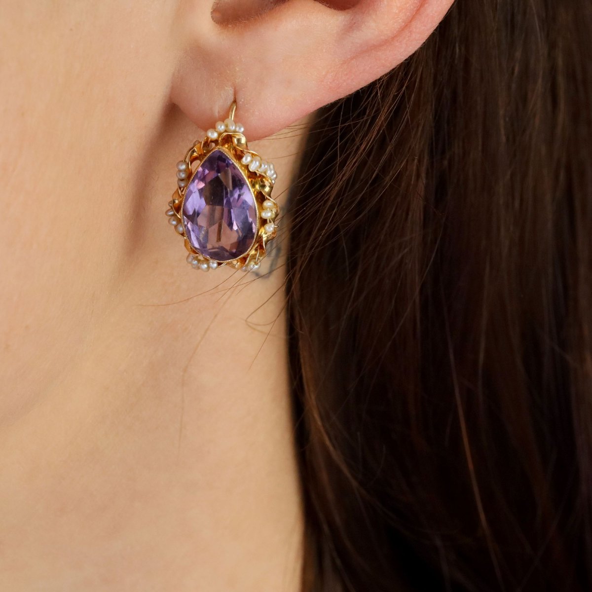 Boucles d'oreilles dormeuses améthystes et perles-photo-2