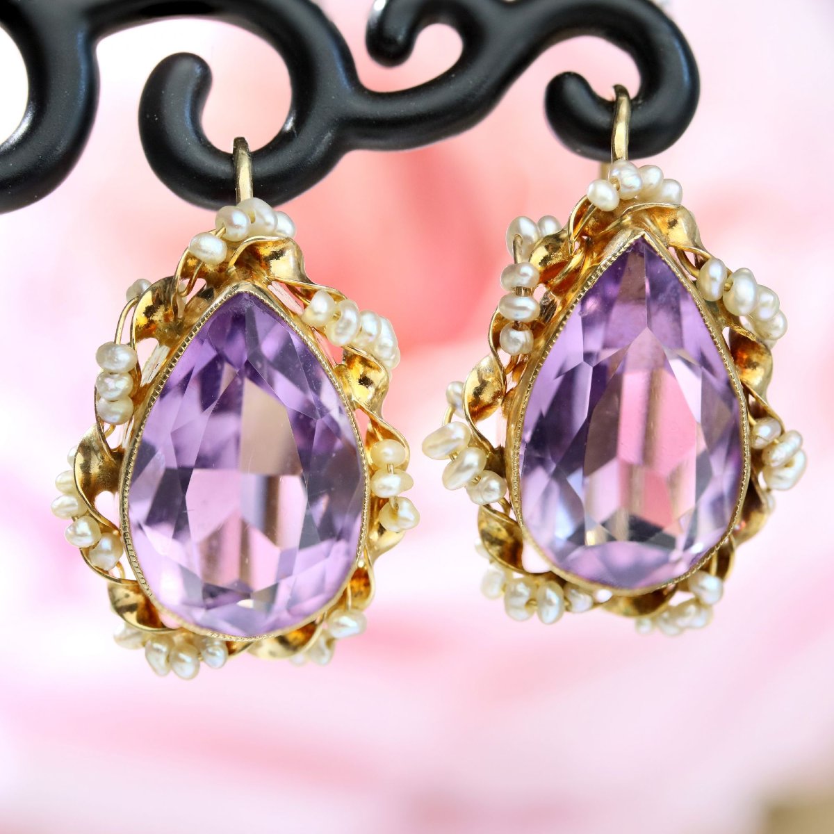 Boucles d'oreilles dormeuses améthystes et perles-photo-3