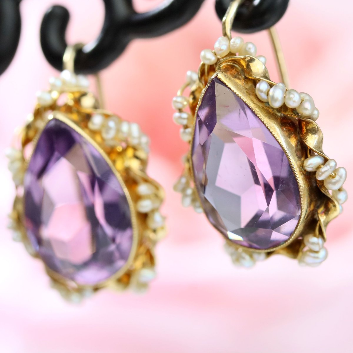 Boucles d'oreilles dormeuses améthystes et perles-photo-3