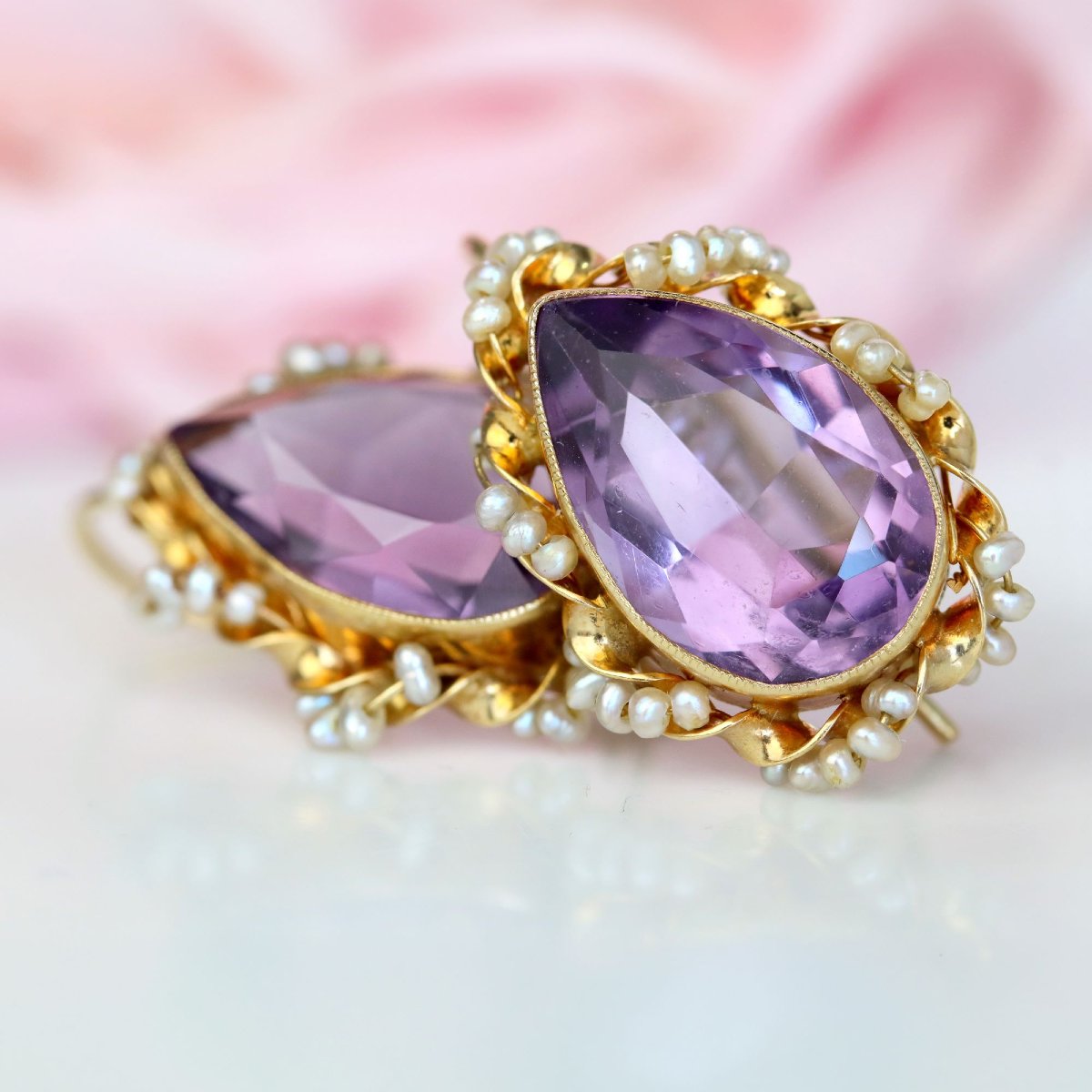 Boucles d'oreilles dormeuses améthystes et perles-photo-6