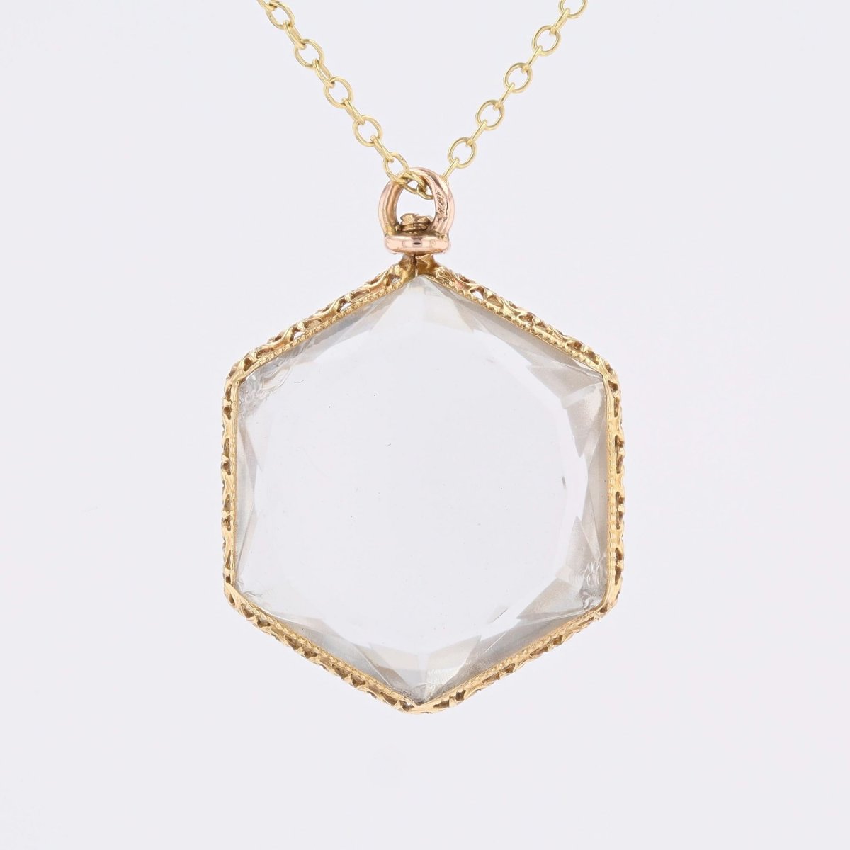 Hexagonal Chased Yellow Gold Glass Pendant-photo-4