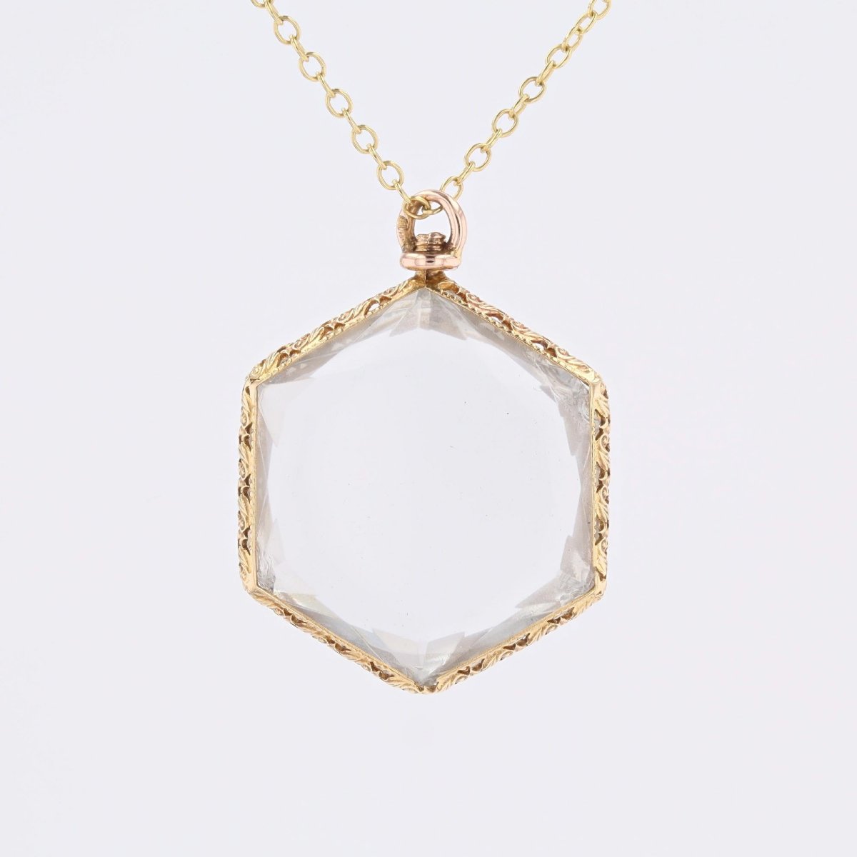 Hexagonal Chased Yellow Gold Glass Pendant-photo-6