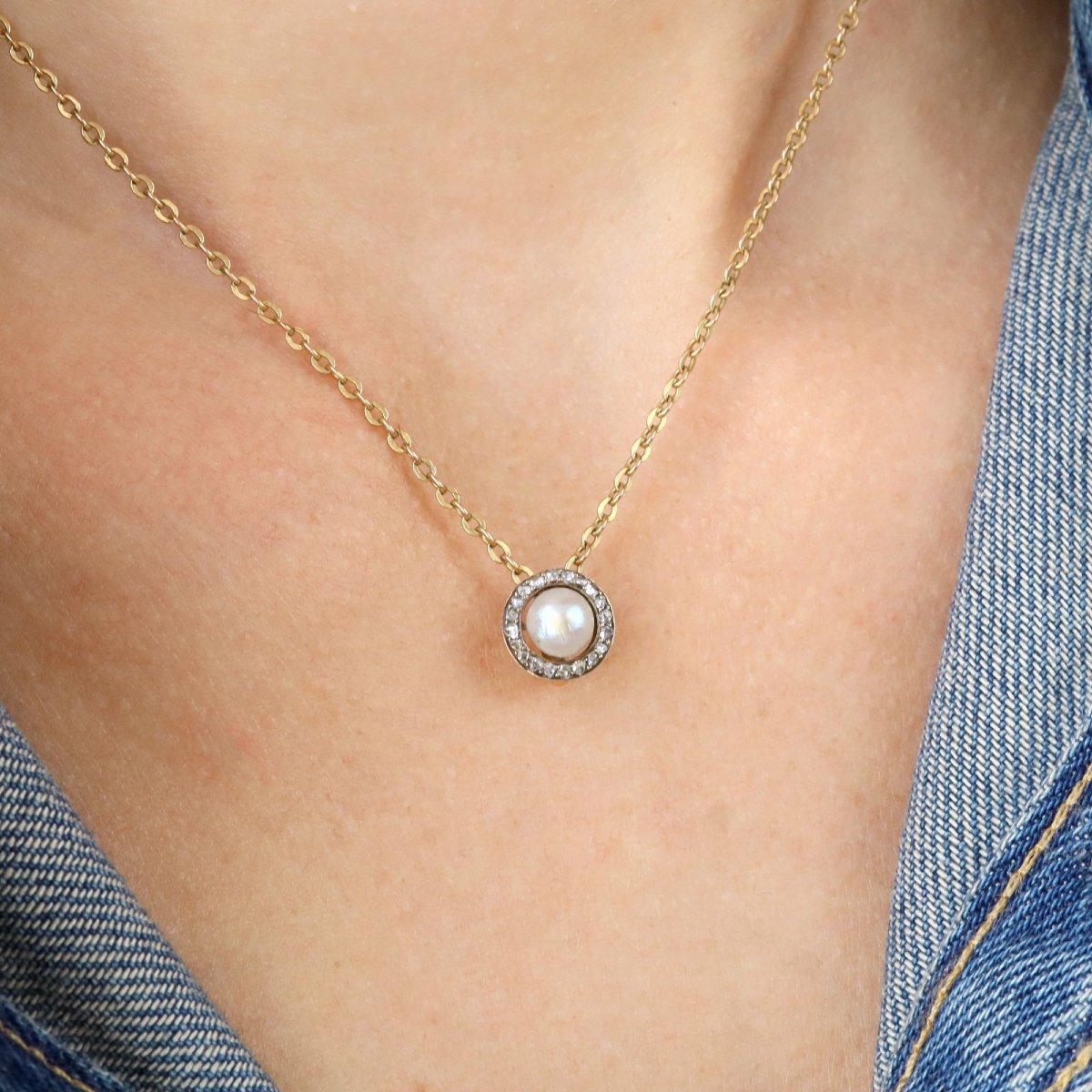 Pendentif ancien rond perle fine diamants-photo-2