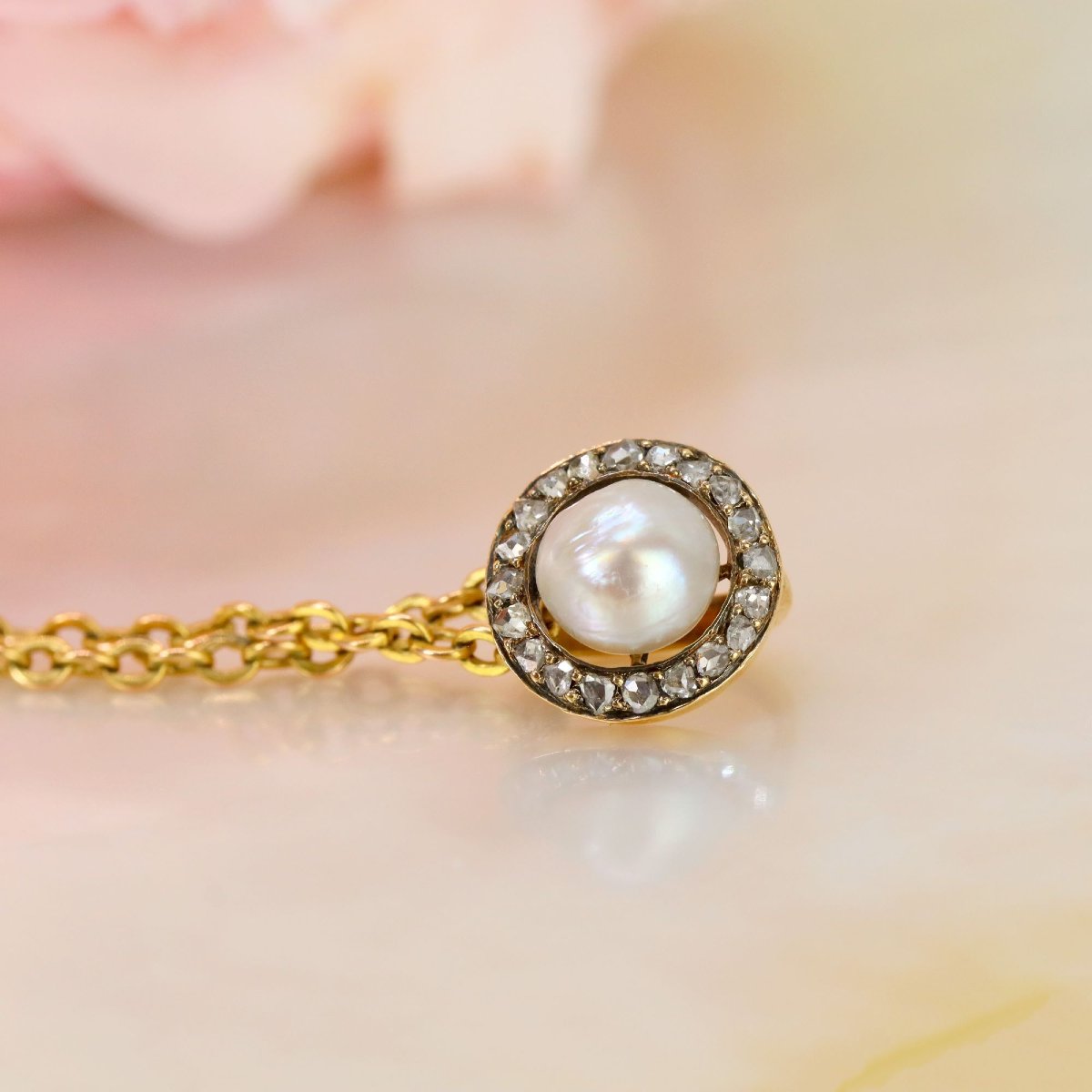 Pendentif ancien rond perle fine diamants-photo-3