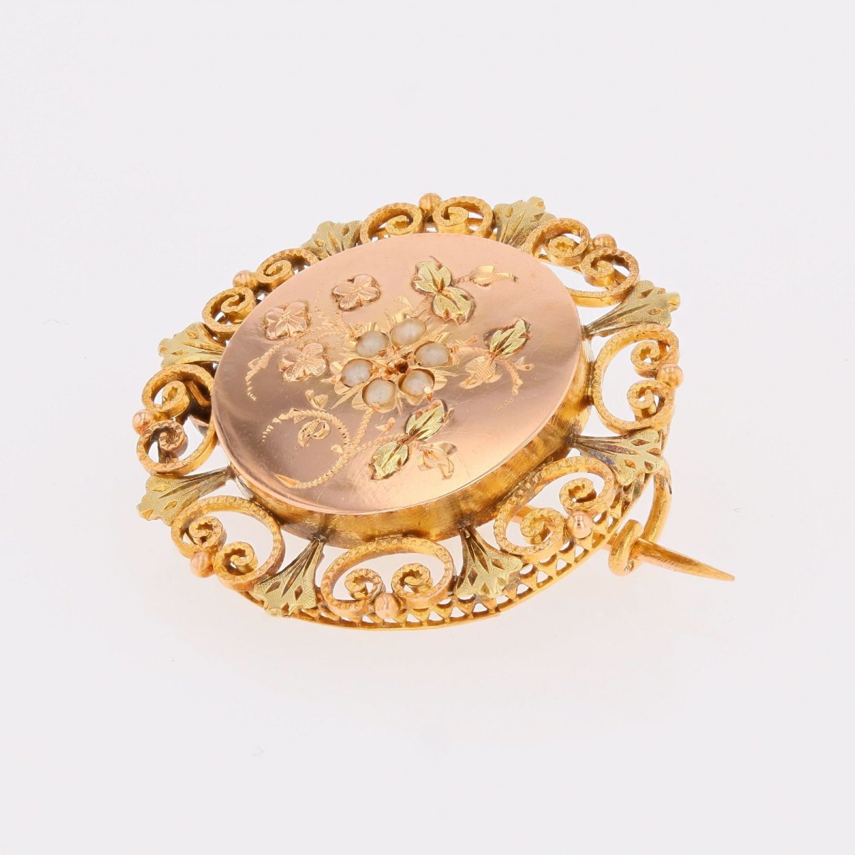 Broche de col ancienne or rose perles fines-photo-4