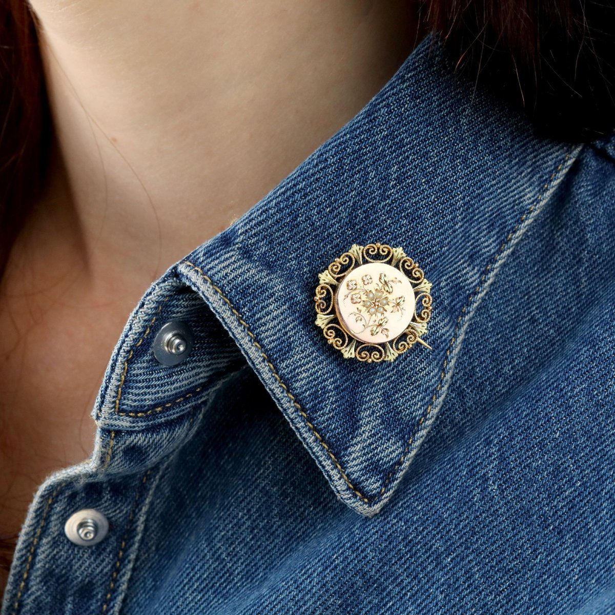 Broche de col ancienne or rose perles fines-photo-2