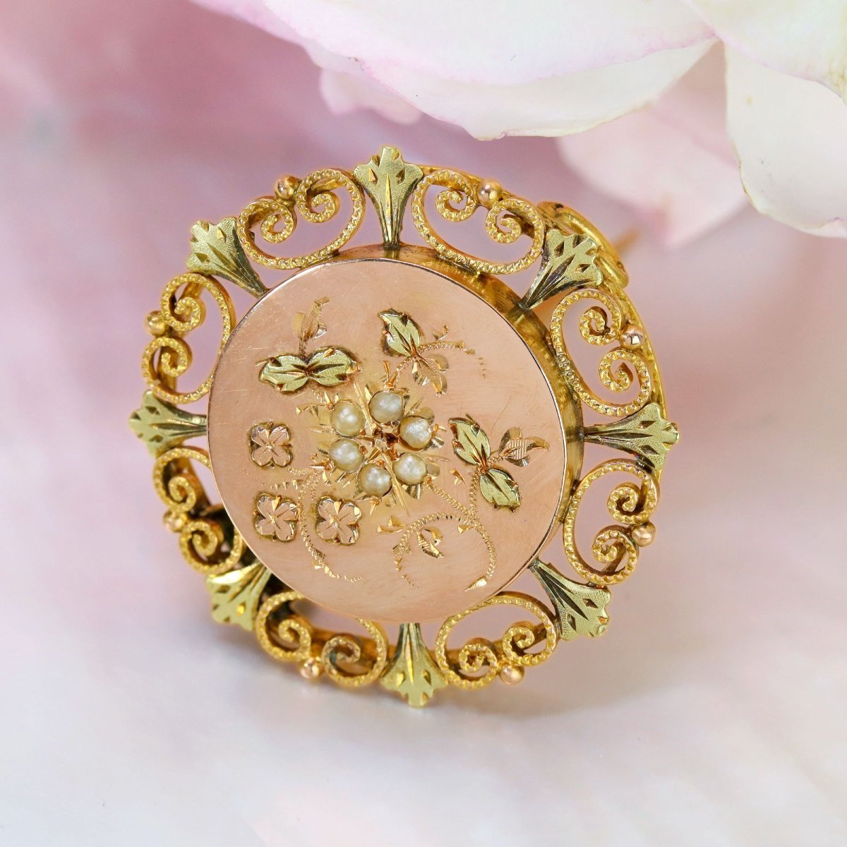 Broche de col ancienne or rose perles fines-photo-3