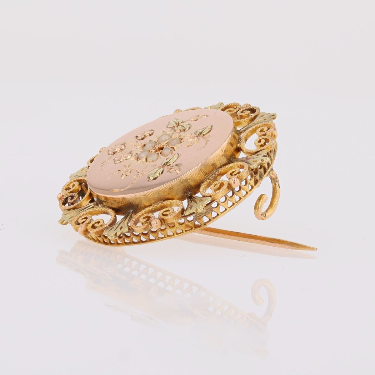 Broche de col ancienne or rose perles fines-photo-5