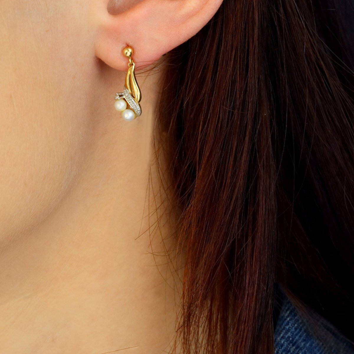 Modern Two Gold Diamond Cultured Pearl Earrings-photo-2