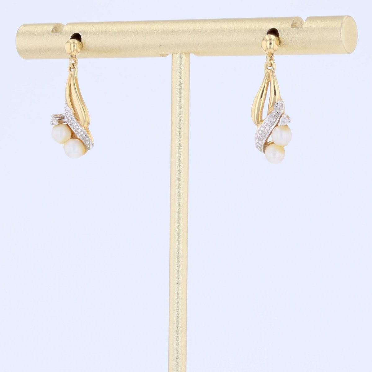 Modern Two Gold Diamond Cultured Pearl Earrings-photo-3
