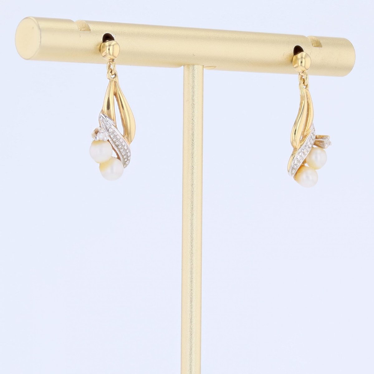 Modern Two Gold Diamond Cultured Pearl Earrings-photo-4
