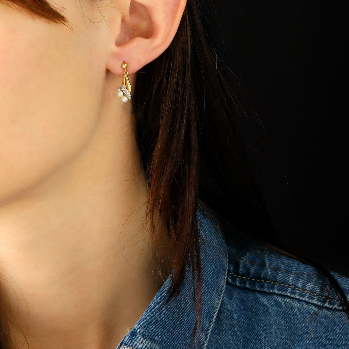 Modern Two Gold Diamond Cultured Pearl Earrings-photo-2